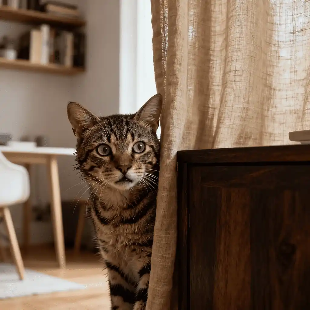 gato escondido detrás de mueble mostrando signos de estrés