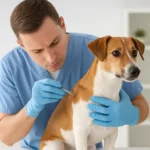Veterinario realizando revisión antiparasitaria en un perro