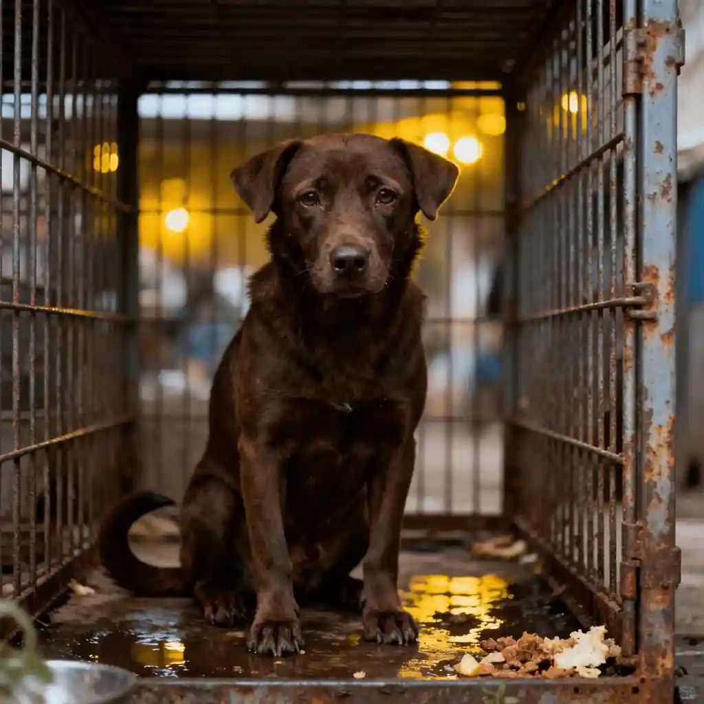 Perro abandonado en una jaula de perrera, esperando ser adoptado