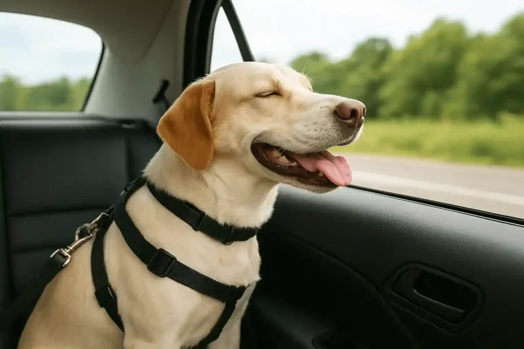 Perro tranquilo y feliz en el coche, sentado con arnés y asomado a la ventana durante un viaje.