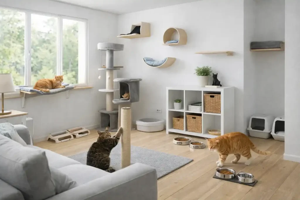 Enriquecimiento Ambiental para Prevenir Agresividad en Gatos Prevención de agresividad en gatos - Hogar enriquecido con múltiples recursos comederos rascadores y zonas elevadas