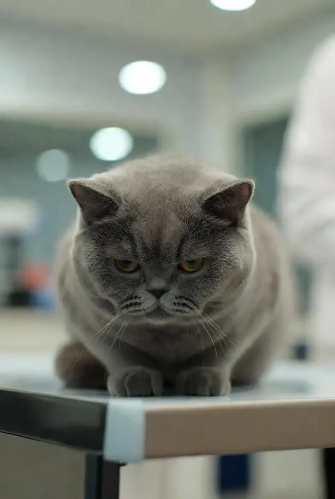 Gato británico gris cansado parpadeando lentamente en consulta veterinaria
