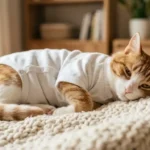 Gato recuperándose tras cirugía con body de bebé en casa | Hospital Veterinario Tucán Santurtzi
