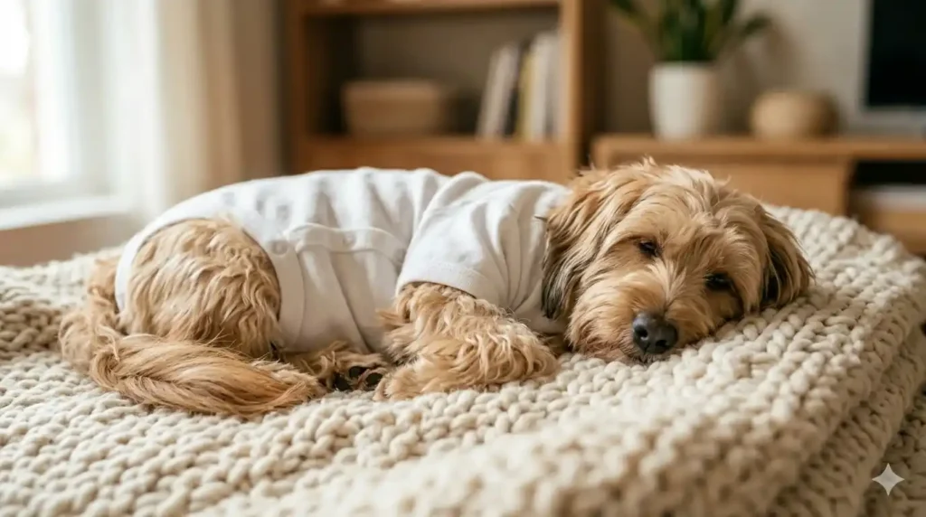 Perro recuperándose tras cirugía con camiseta protectora en casa | Hospital Veterinario Tucán Santurtzi