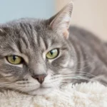 Gato gris mayor tumbado sobre una manta en casa, tranquilo; tratamiento del dolor por artrosis en gatos en Santurtzi