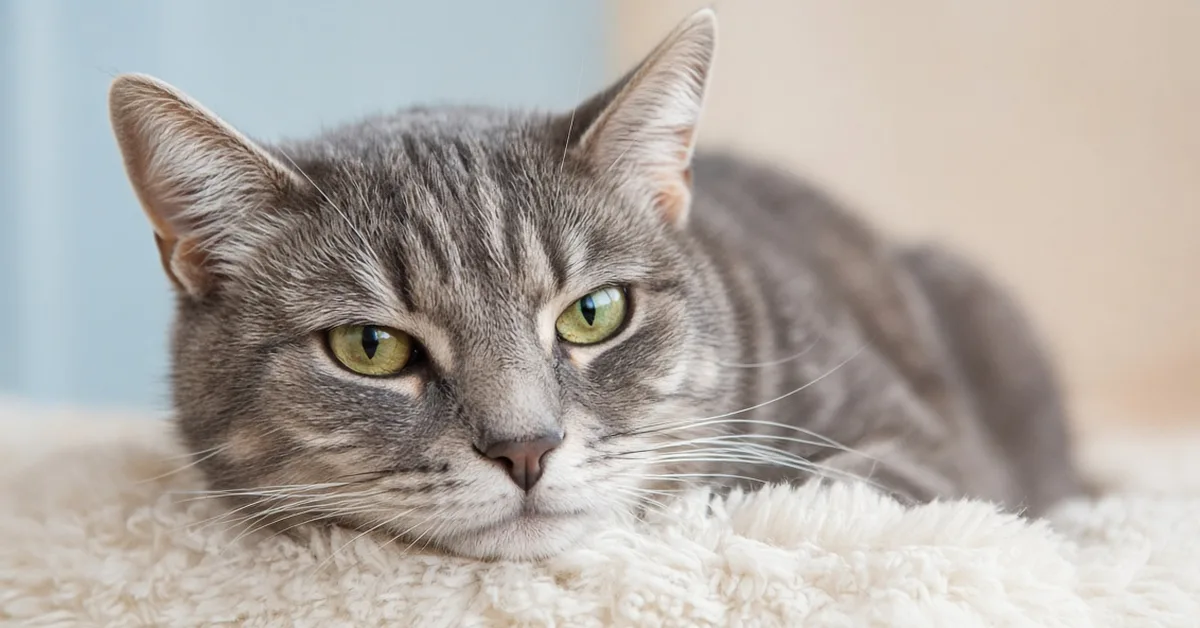 Gato gris mayor tumbado sobre una manta en casa, tranquilo; tratamiento del dolor por artrosis en gatos en Santurtzi